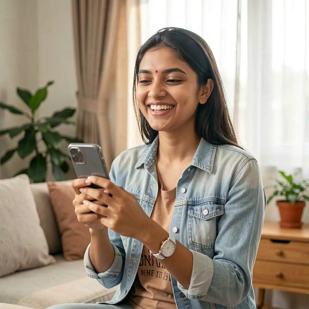 Happy young woman smiling while using the JYJILI casino app on her smartphone in a cozy indoor setting in Bangladesh