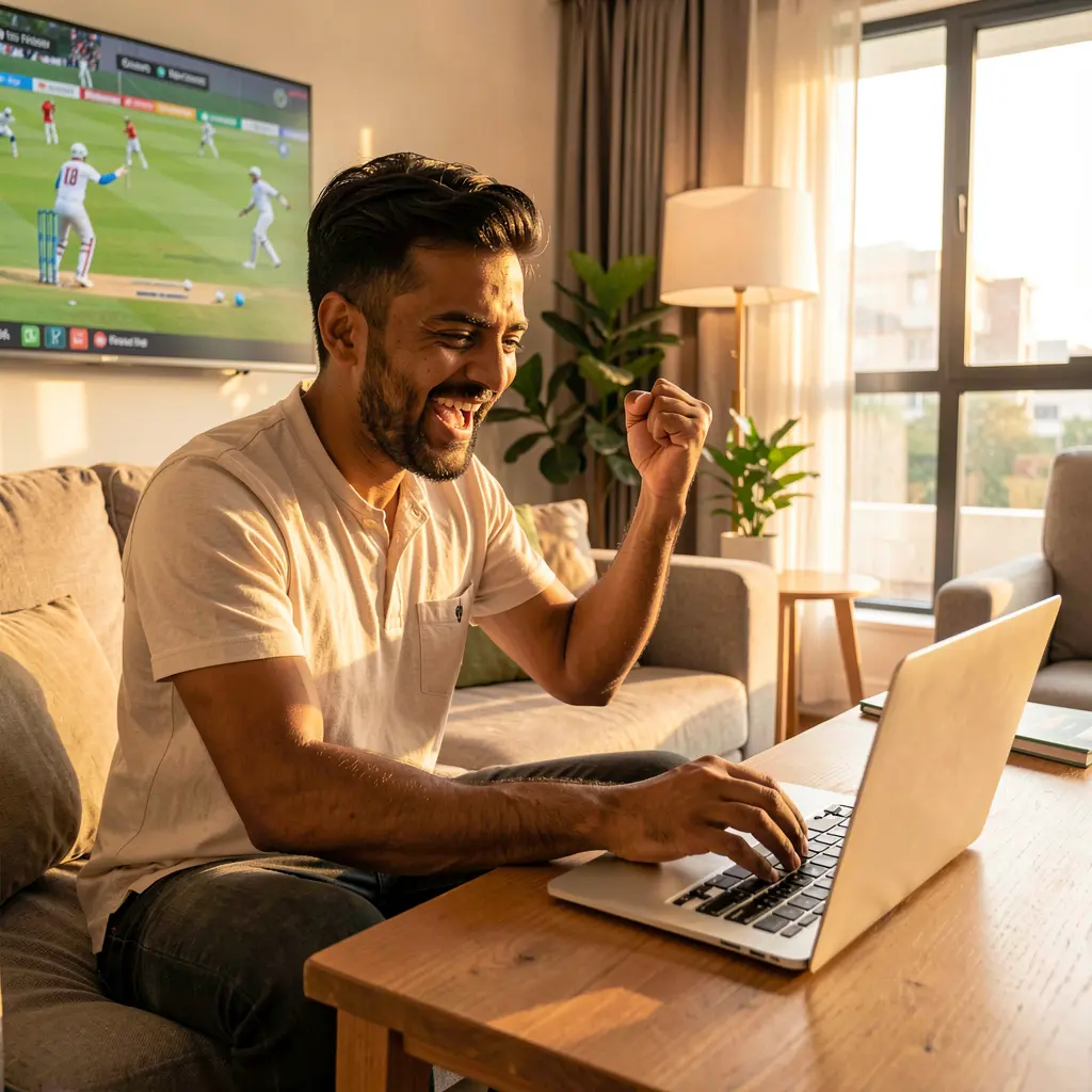 Confident Bangladeshi sports fan celebrating a winning bet placed through JYJILI on his laptop while watching a live cricket match at home