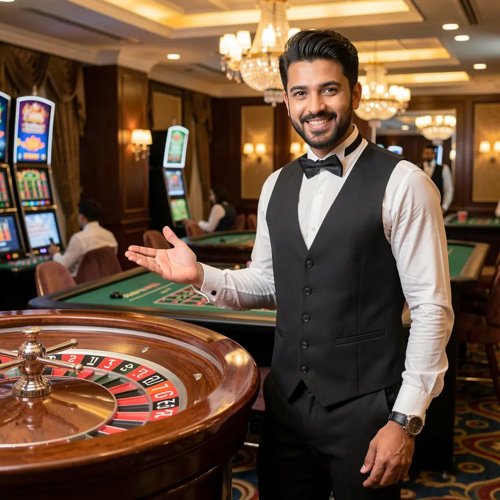 Professional live casino dealer presenting a modern roulette table in a high end studio setting on JYJILI for players in Bangladesh